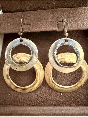 Two-Tone Gold & Silver Circle Drop Earrings - Women Jewelry